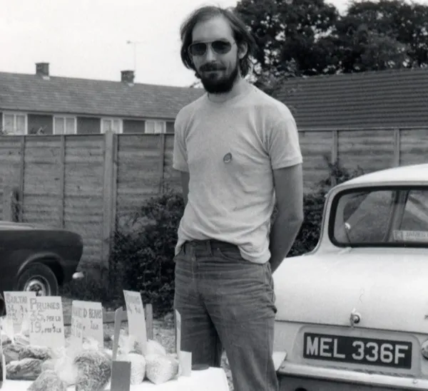 Eric beside the market stall in 1976