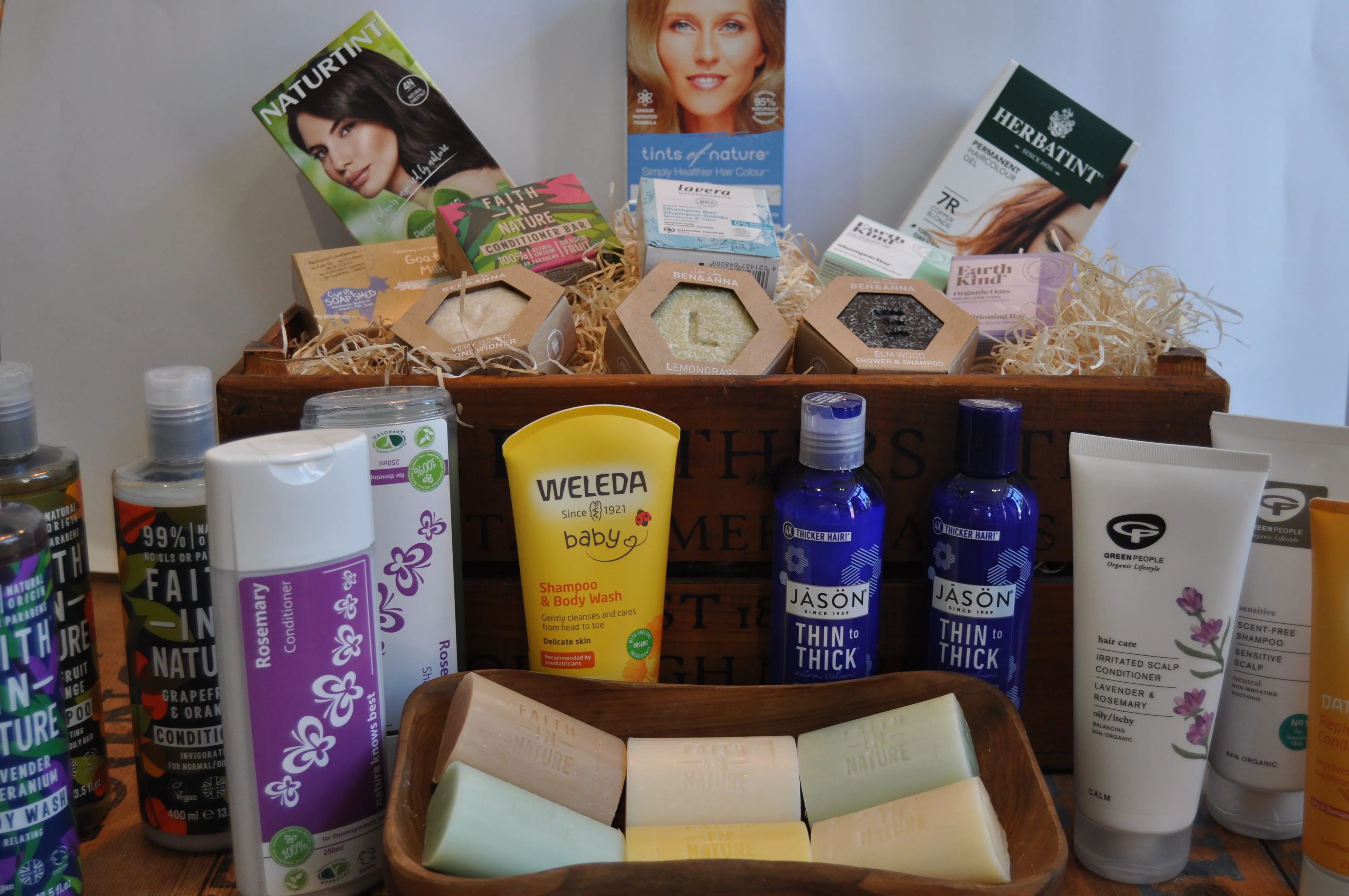 Natural shampoos, conditioners and hair dyes on the shelf